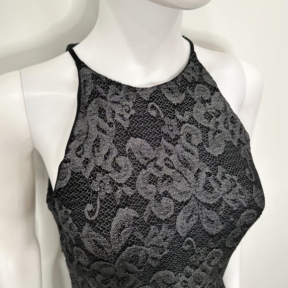 Belle Badgley Mischka Lace Overlay Back Slit Shimmer Maxi Dress Gown Black Sz 4 - Picture 4 of 16